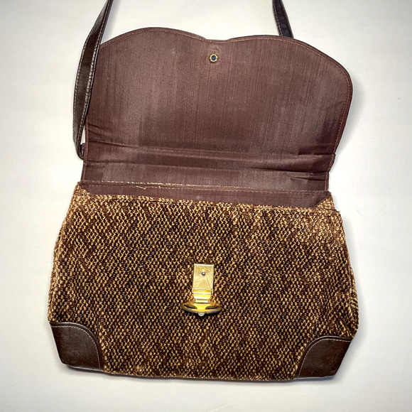 Vintage Chenille Corduroy Crossbody Purse Lock Buckle Leather Mod Retro Mob Wife - Picture 4 of 16